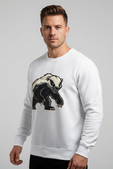 honey badger jumper on a man. white jumper 